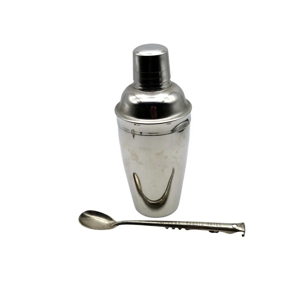 Vintage Stainless Cocktail Shaker and Penn-Harris Hotel Bar Spoon Multi Tool